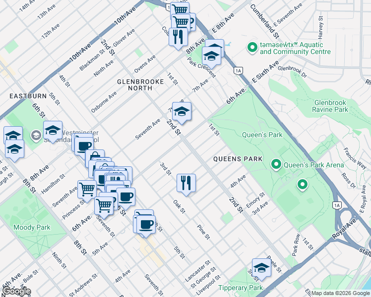 map of restaurants, bars, coffee shops, grocery stores, and more near in New Westminster