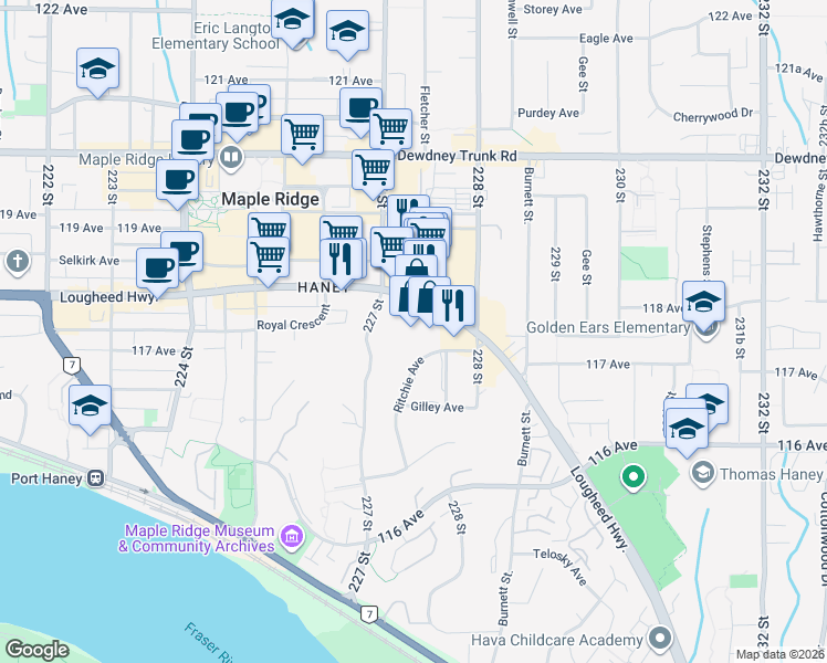 map of restaurants, bars, coffee shops, grocery stores, and more near 22710 Lougheed Highway in Maple Ridge