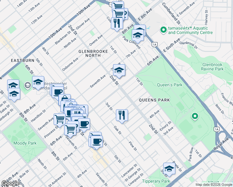 map of restaurants, bars, coffee shops, grocery stores, and more near 210 6th Avenue in New Westminster