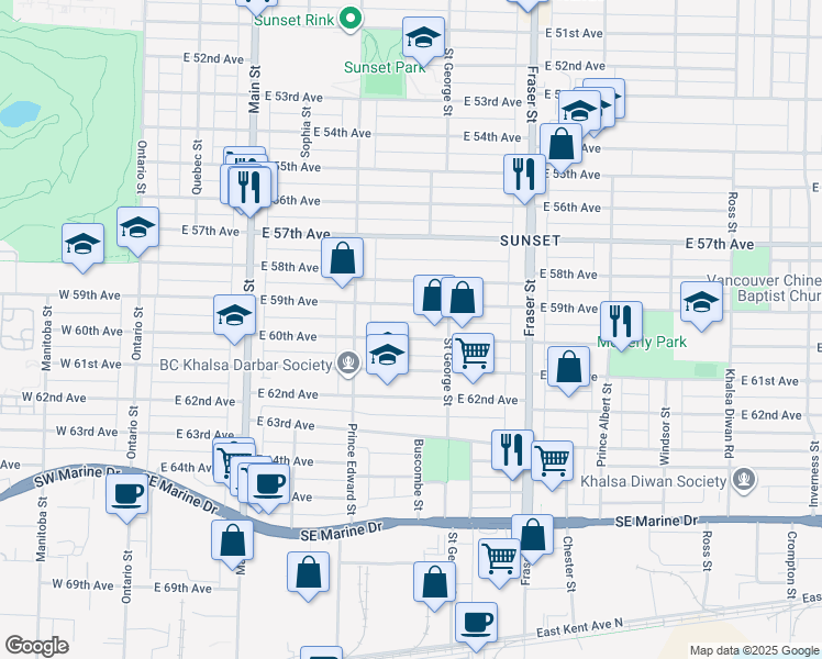 map of restaurants, bars, coffee shops, grocery stores, and more near 455 East 60th Avenue in Vancouver