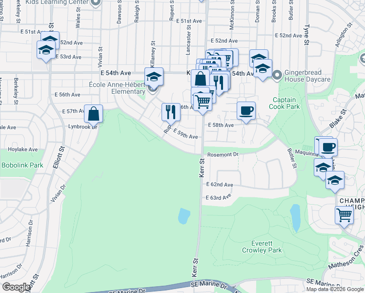 map of restaurants, bars, coffee shops, grocery stores, and more near in Vancouver
