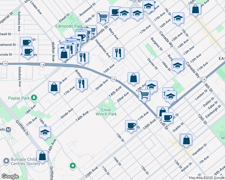map of restaurants, bars, coffee shops, grocery stores, and more near 7353 14th Avenue in Burnaby