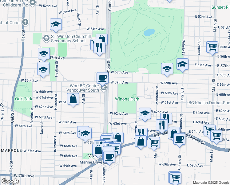 map of restaurants, bars, coffee shops, grocery stores, and more near 7599 Yukon Street in Vancouver