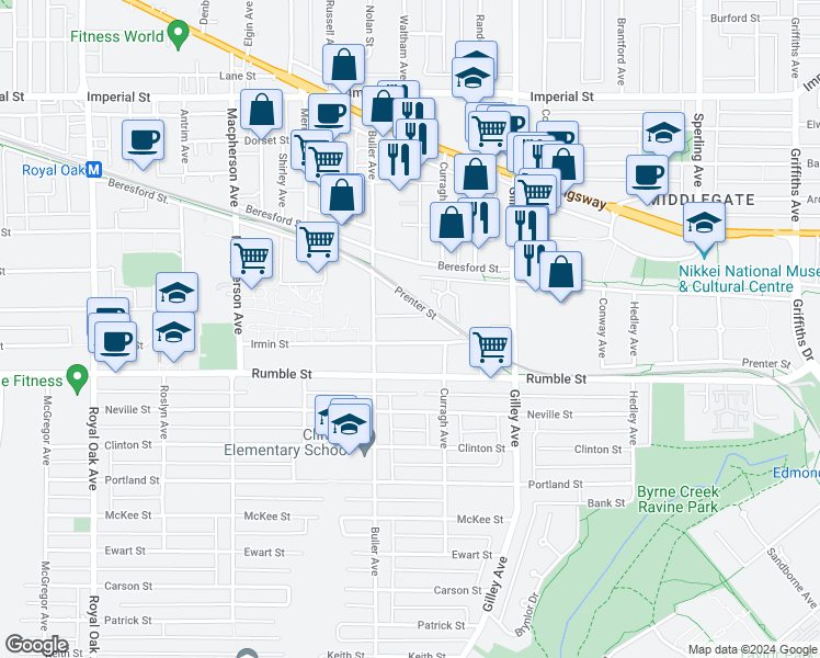 map of restaurants, bars, coffee shops, grocery stores, and more near 5933 Prenter Street in Burnaby
