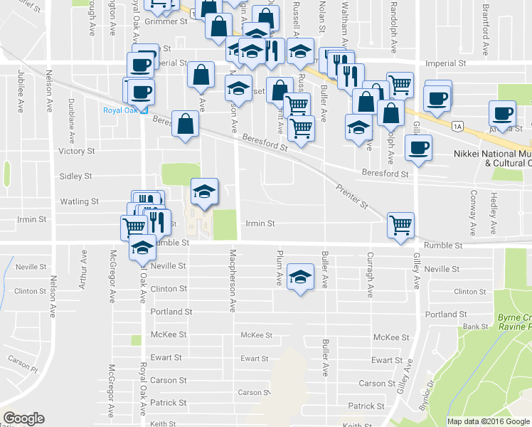 map of restaurants, bars, coffee shops, grocery stores, and more near 5788 Sidley Street in Burnaby