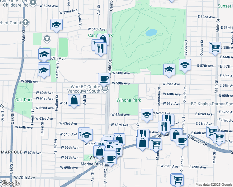 map of restaurants, bars, coffee shops, grocery stores, and more near 7597 Yukon Street in Vancouver