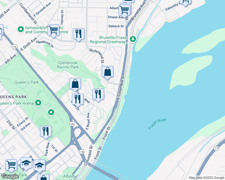 map of restaurants, bars, coffee shops, grocery stores, and more near 25 Richmond Street in New Westminster