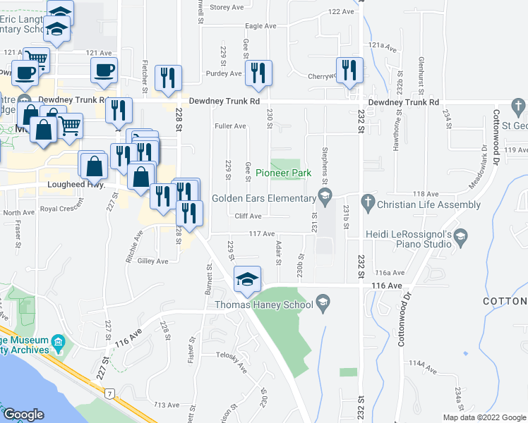 map of restaurants, bars, coffee shops, grocery stores, and more near 11315 230 Street in Maple Ridge