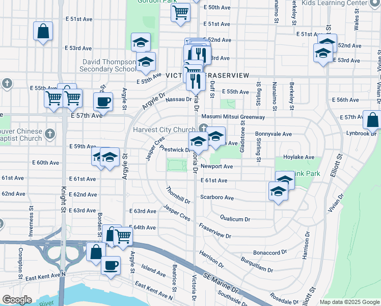 map of restaurants, bars, coffee shops, grocery stores, and more near in Vancouver