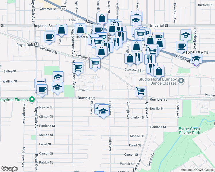 map of restaurants, bars, coffee shops, grocery stores, and more near 5889 Irmin Street in Burnaby