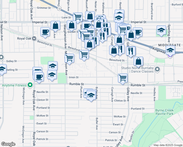 map of restaurants, bars, coffee shops, grocery stores, and more near 5889 Irmin Street in Burnaby