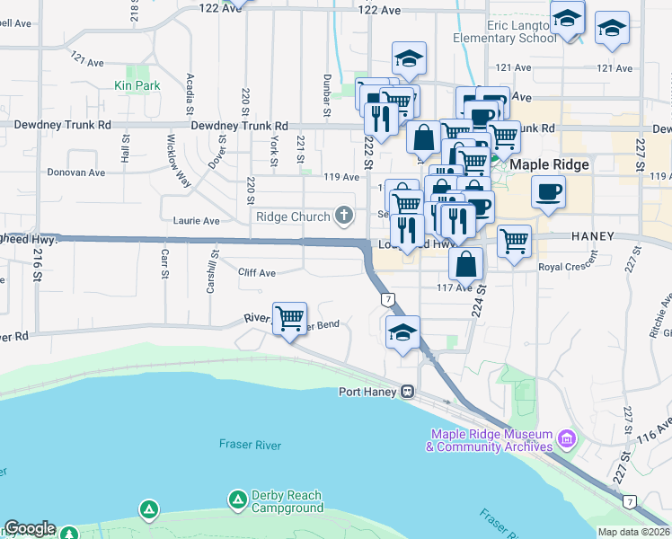 map of restaurants, bars, coffee shops, grocery stores, and more near 22154 Lougheed Highway in Maple Ridge