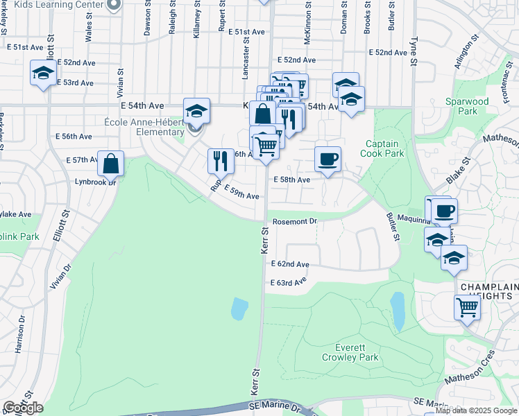 map of restaurants, bars, coffee shops, grocery stores, and more near 7541 Kerr Street in Vancouver