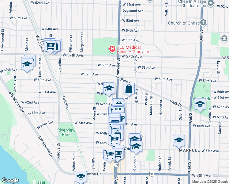 map of restaurants, bars, coffee shops, grocery stores, and more near 1225 West 61st Avenue in Vancouver