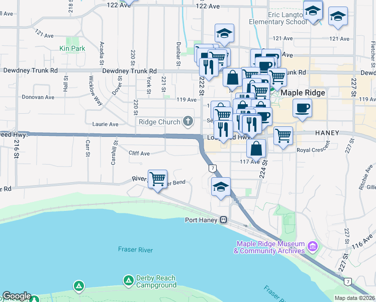 map of restaurants, bars, coffee shops, grocery stores, and more near 22154 Lougheed Highway in Maple Ridge