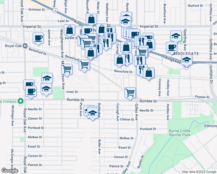 map of restaurants, bars, coffee shops, grocery stores, and more near 7470 Buller Avenue in Burnaby