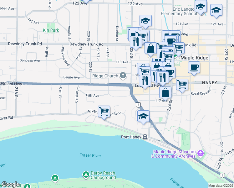 map of restaurants, bars, coffee shops, grocery stores, and more near 22154 Lougheed Highway in Maple Ridge