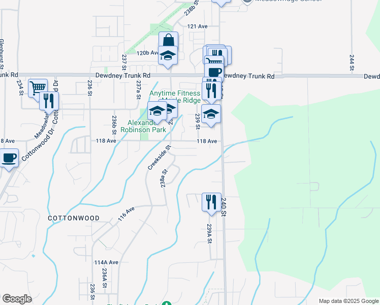 map of restaurants, bars, coffee shops, grocery stores, and more near 23887 117B Avenue in Maple Ridge