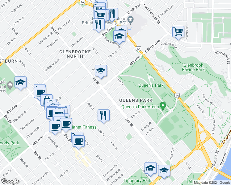 map of restaurants, bars, coffee shops, grocery stores, and more near 120 Regina Street in New Westminster