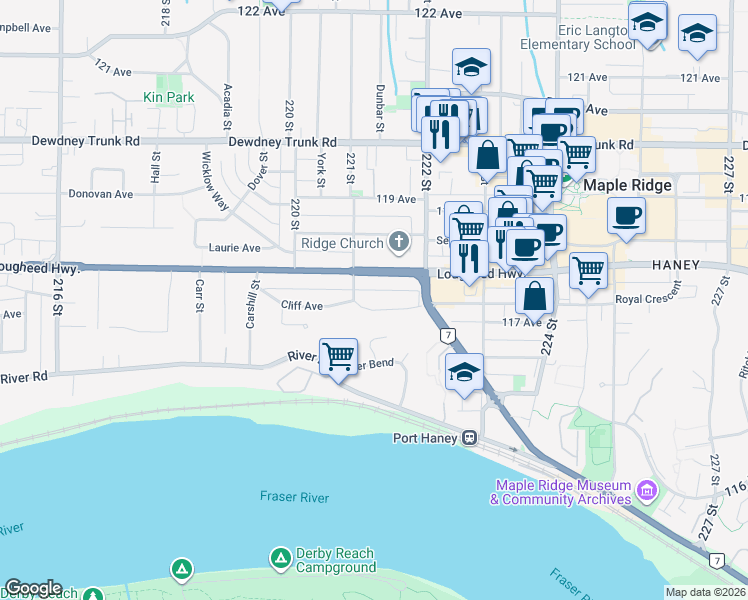 map of restaurants, bars, coffee shops, grocery stores, and more near 22108 Lougheed Highway in Maple Ridge