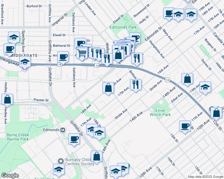 map of restaurants, bars, coffee shops, grocery stores, and more near in Burnaby