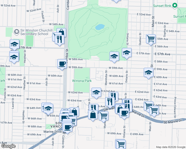 map of restaurants, bars, coffee shops, grocery stores, and more near in Vancouver