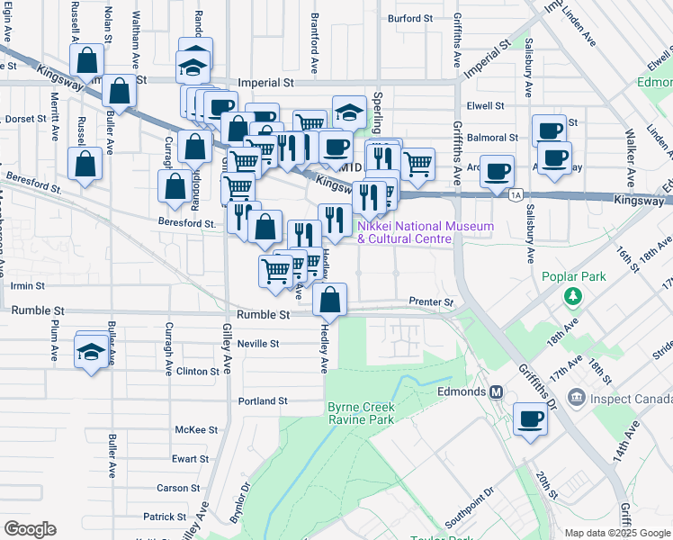 map of restaurants, bars, coffee shops, grocery stores, and more near 7388 Hedley Avenue in Burnaby
