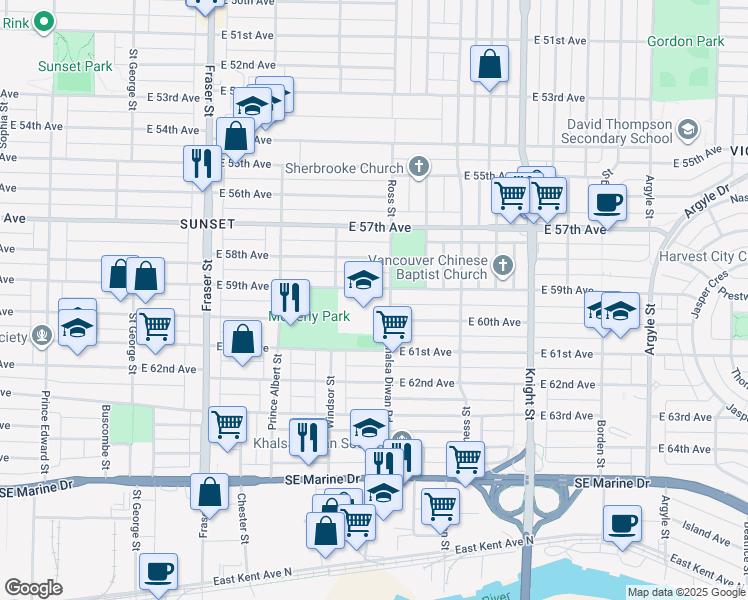 map of restaurants, bars, coffee shops, grocery stores, and more near 1000 East 59th Avenue in Vancouver