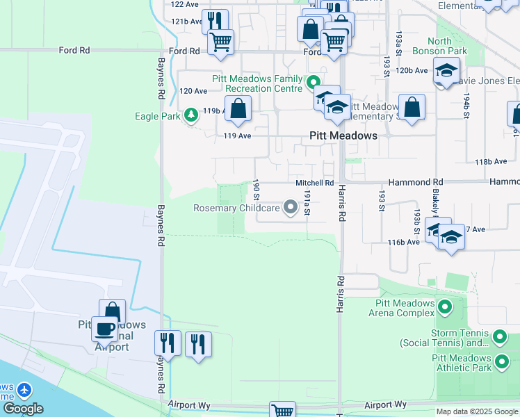 map of restaurants, bars, coffee shops, grocery stores, and more near 11750 190 Street in Pitt Meadows