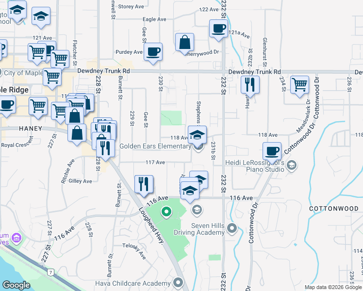 map of restaurants, bars, coffee shops, grocery stores, and more near 23079 Cliff Avenue in Maple Ridge