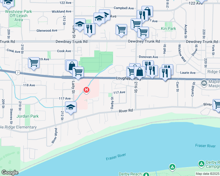 map of restaurants, bars, coffee shops, grocery stores, and more near 11759 Darby Street in Maple Ridge