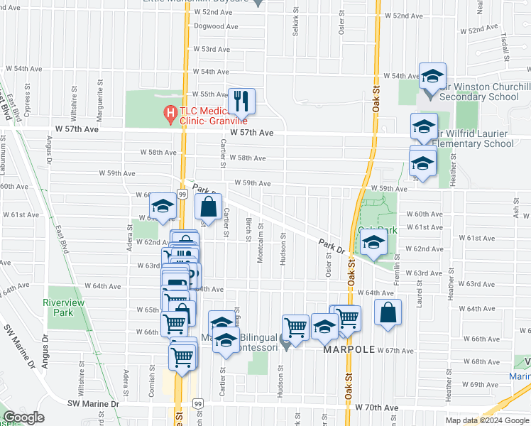 map of restaurants, bars, coffee shops, grocery stores, and more near 7688 Montcalm Street in Vancouver