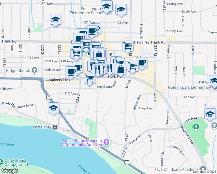 map of restaurants, bars, coffee shops, grocery stores, and more near Royal Crescent in Maple Ridge