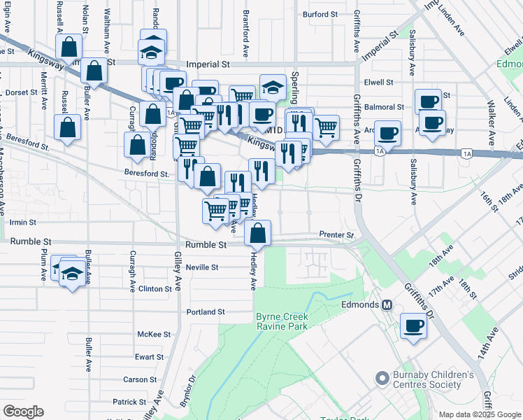 map of restaurants, bars, coffee shops, grocery stores, and more near 7388 Hedley Avenue in Burnaby