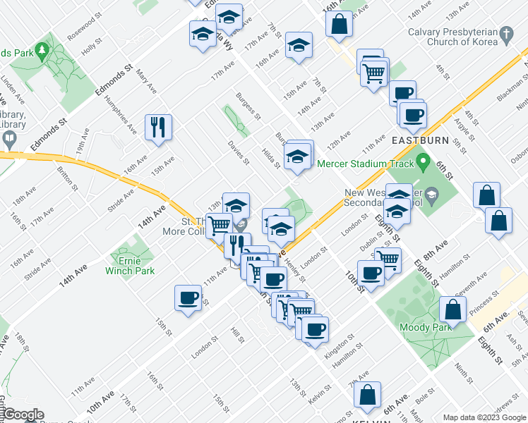 map of restaurants, bars, coffee shops, grocery stores, and more near 7514 12th Avenue in Burnaby