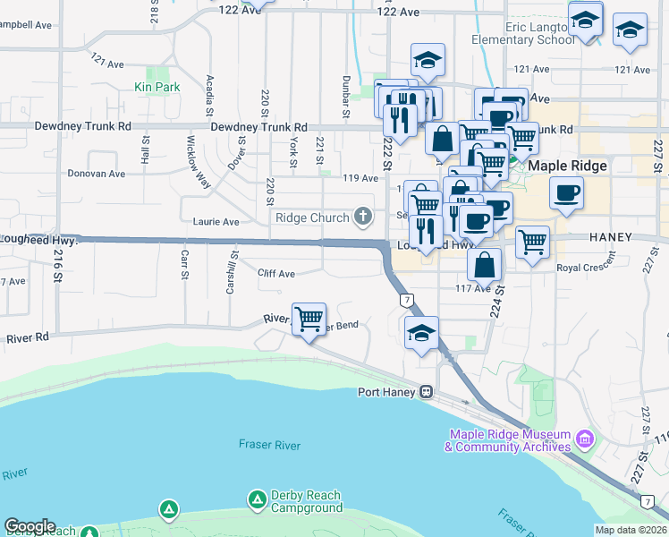 map of restaurants, bars, coffee shops, grocery stores, and more near 22108 Lougheed Highway in Maple Ridge