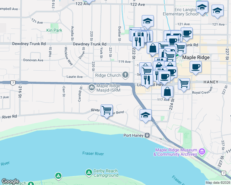 map of restaurants, bars, coffee shops, grocery stores, and more near 22119 Cliff Avenue in Maple Ridge
