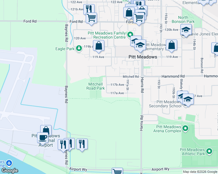 map of restaurants, bars, coffee shops, grocery stores, and more near 19026 117B Avenue in Pitt Meadows