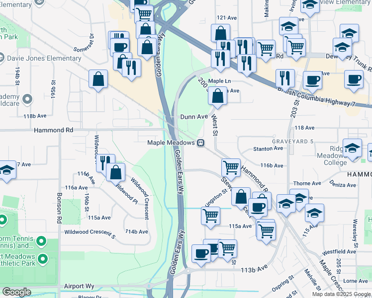 map of restaurants, bars, coffee shops, grocery stores, and more near in Maple Ridge