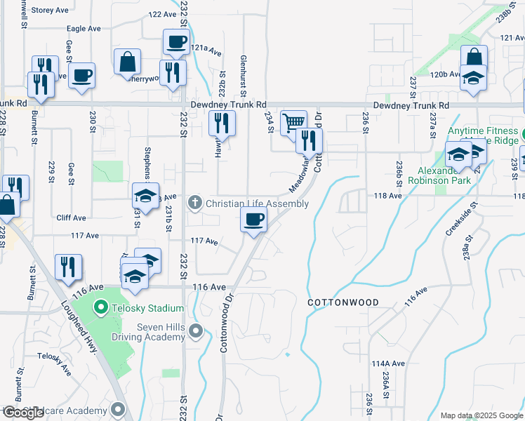 map of restaurants, bars, coffee shops, grocery stores, and more near 23363 117B Avenue in Maple Ridge