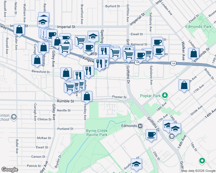 map of restaurants, bars, coffee shops, grocery stores, and more near 7393 Magnolia Terrace in Burnaby