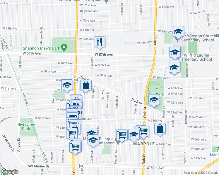 map of restaurants, bars, coffee shops, grocery stores, and more near 7688 Montcalm Street in Vancouver