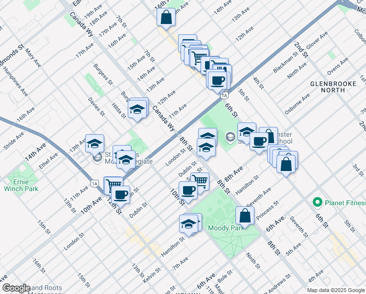 map of restaurants, bars, coffee shops, grocery stores, and more near 801 London Street in New Westminster
