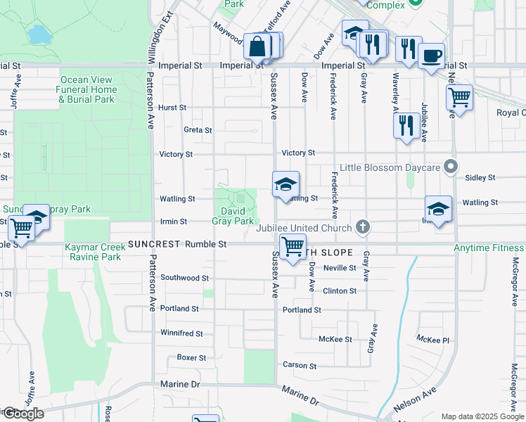 map of restaurants, bars, coffee shops, grocery stores, and more near 7451 Sussex Avenue in Burnaby