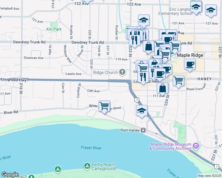 map of restaurants, bars, coffee shops, grocery stores, and more near 22108 Lougheed Highway in Maple Ridge