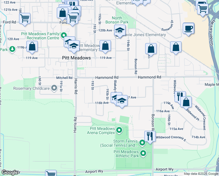map of restaurants, bars, coffee shops, grocery stores, and more near 11748 193B Street in Pitt Meadows