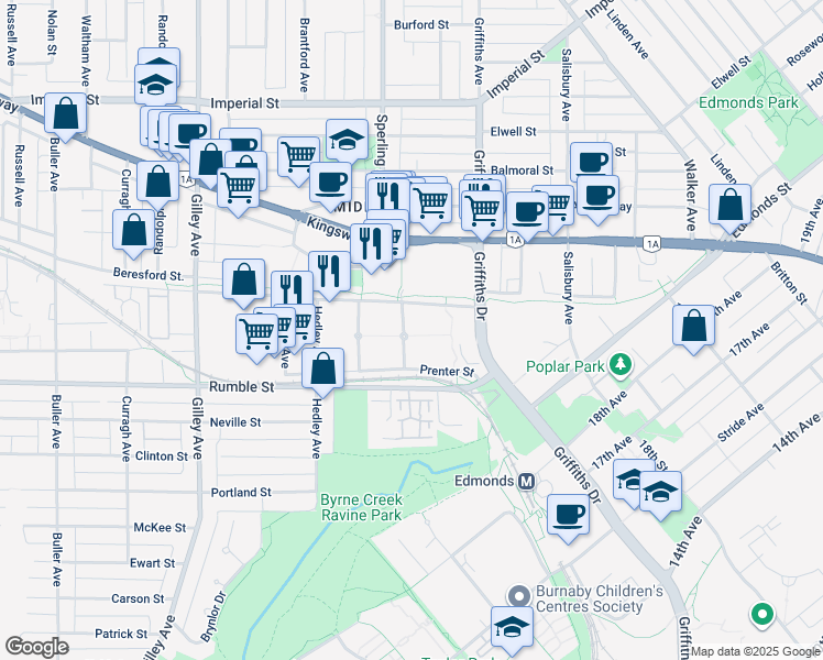 map of restaurants, bars, coffee shops, grocery stores, and more near 7371 Magnolia Terrace in Burnaby