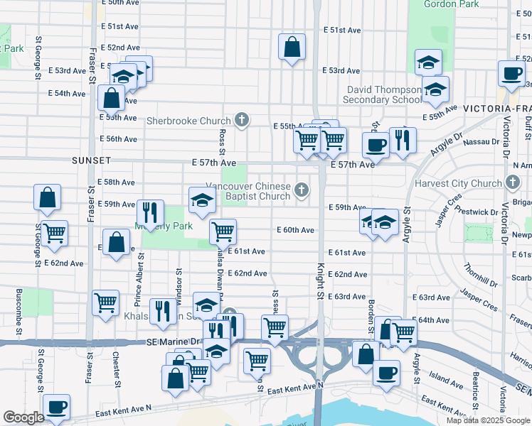 map of restaurants, bars, coffee shops, grocery stores, and more near 1288 East 59th Avenue in Vancouver