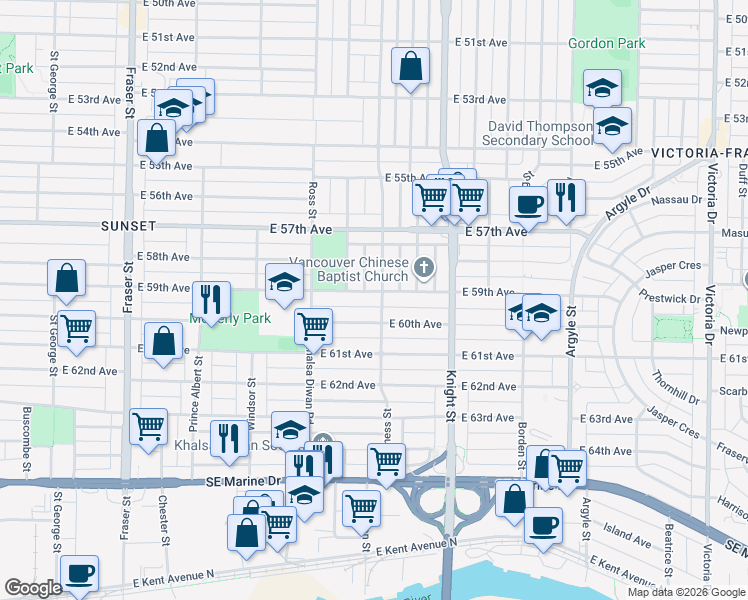 map of restaurants, bars, coffee shops, grocery stores, and more near 1288 East 59th Avenue in Vancouver