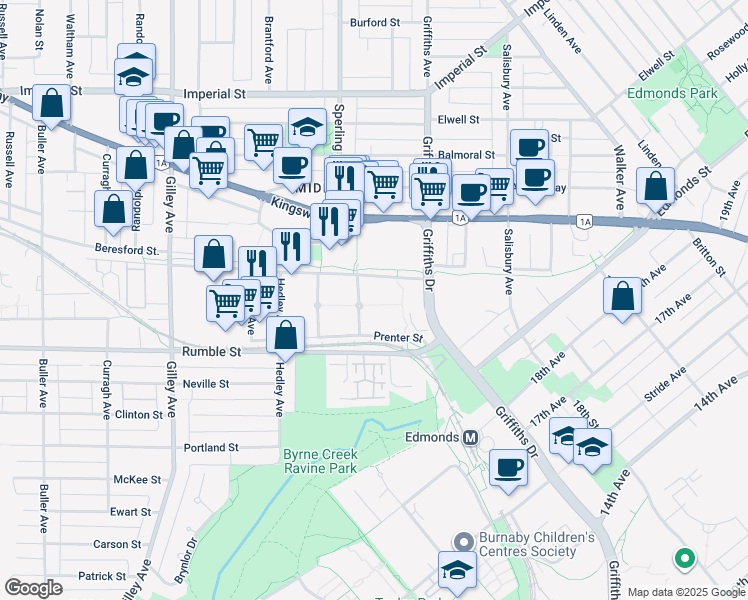 map of restaurants, bars, coffee shops, grocery stores, and more near 6878 Village Green in Burnaby